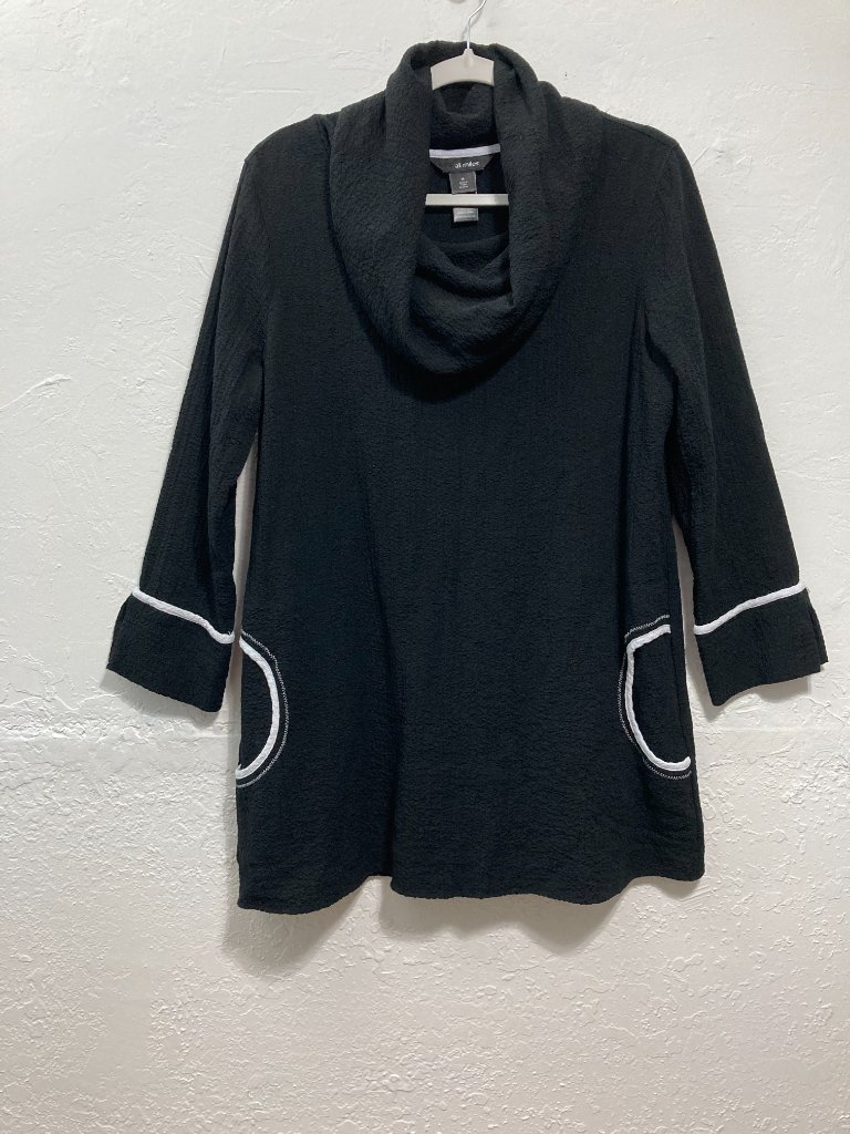 Ali Miles Tunic Top Artsy Cowl Neck Crinkle Black Pockets Minimalist Lagenlook M